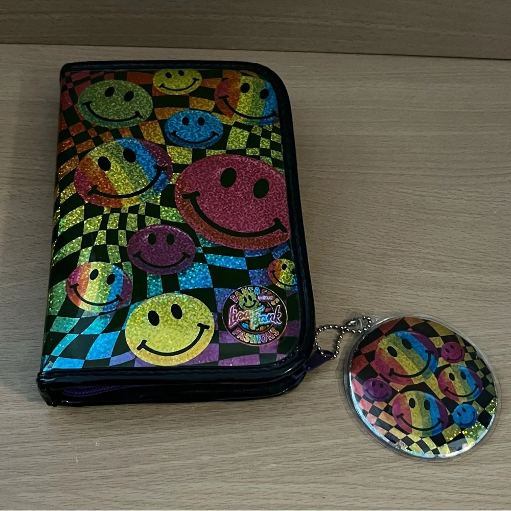 Vintage Y2K Lisa Frank Rainbow Smiley Face Zip Planner Agenda Stickers Pouch Pen